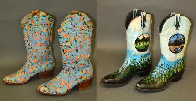 Two Pairs of Cowboy Boots: Each signed Frank Roth & M. Kotuk. Hand painted