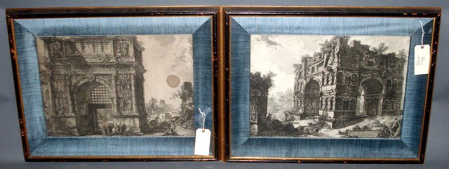 Pr of Framed Piranesi Mounted on Board: Two framed with blue cloth matting, of Ruins. (One has a water damage spot.) Fair condition (Water damage spot). overall (27" x 35") image (17" x 24")