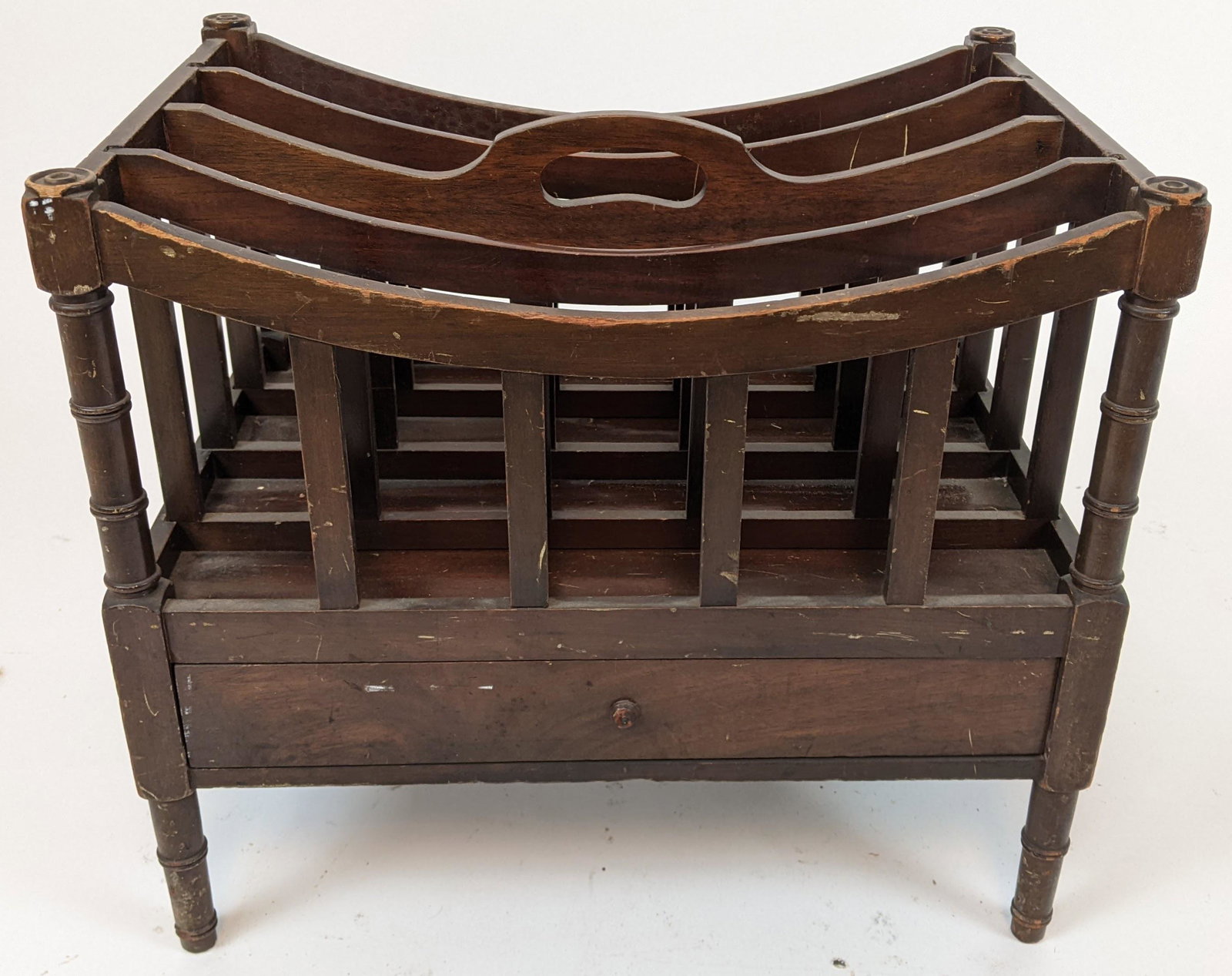Mahogany Canterbury - Magazine Stand: Mahogany one-drawer 20th century magazine stand. [18" H x 20" W x 14" D]. Drawer pull broken; wear.