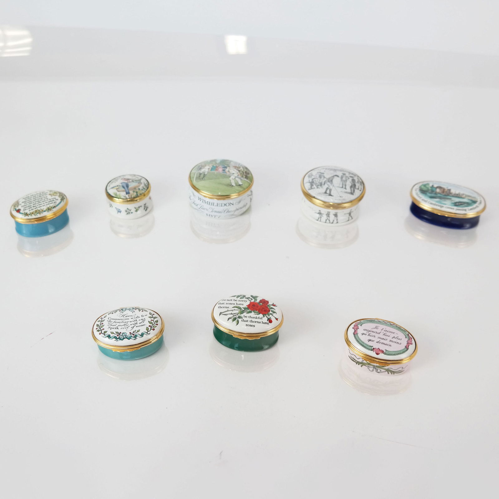 8 Bilston & Battersea Enamel Pill Boxes (1 of 10)