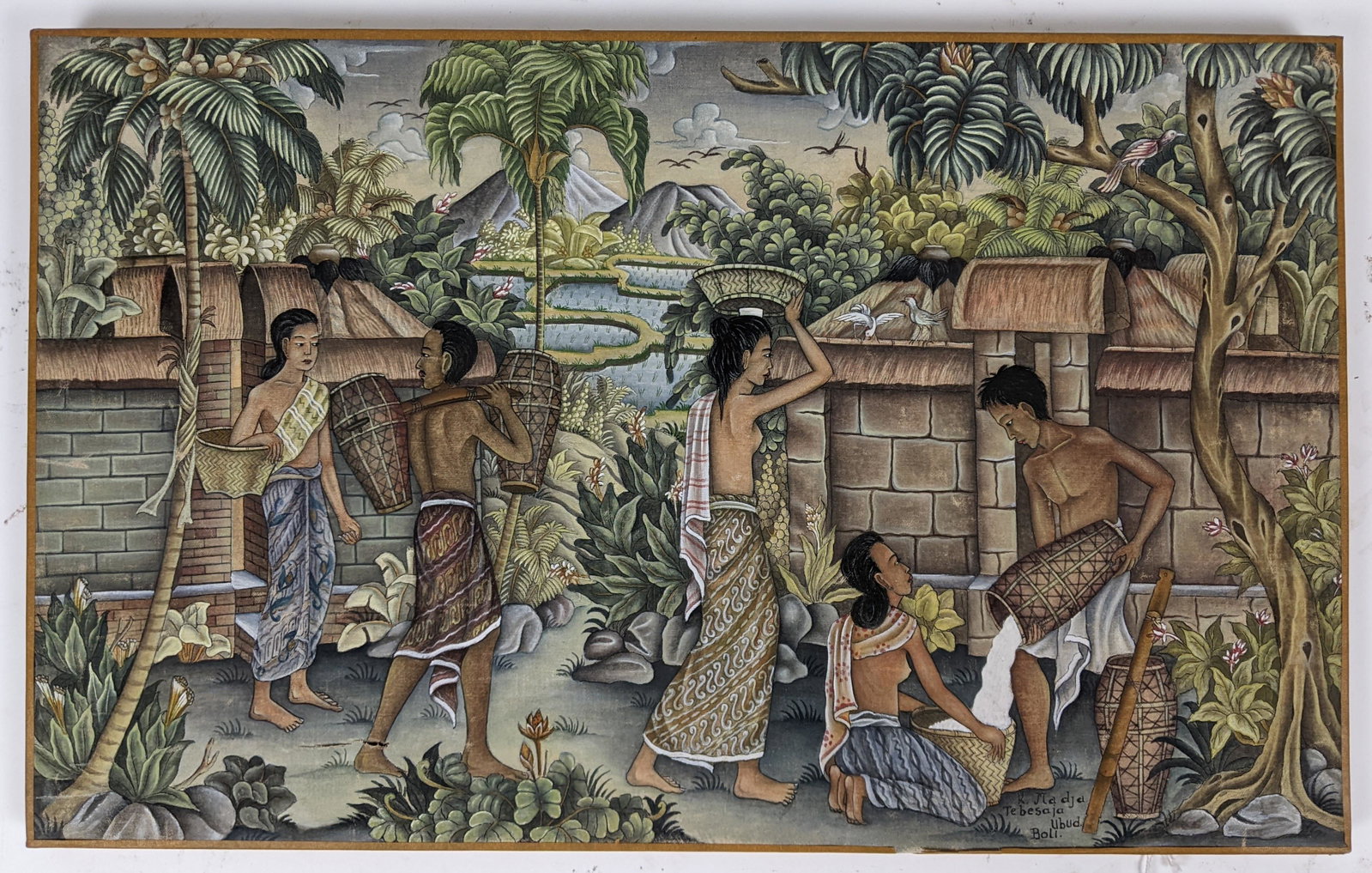 TEBESAJA: Village Scene - Painting: Balinese oil on canvas painting a village garden scene, signed K. Madda Tebesaja. [16 1/4" x 26"]. In good condition.