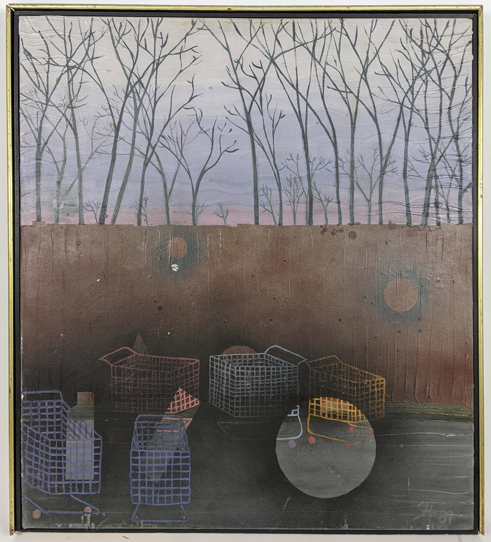 James SEEHAFER: Shopping Carts - Oil Painting: Oil on canvas painting of shopping carts by a fence, signed "Seehafer '89". [Art: 33 1/2" Hx 30 1/2" W; Frame: 35 1/2" H x 31 1/2" W]. Missing part of frame.