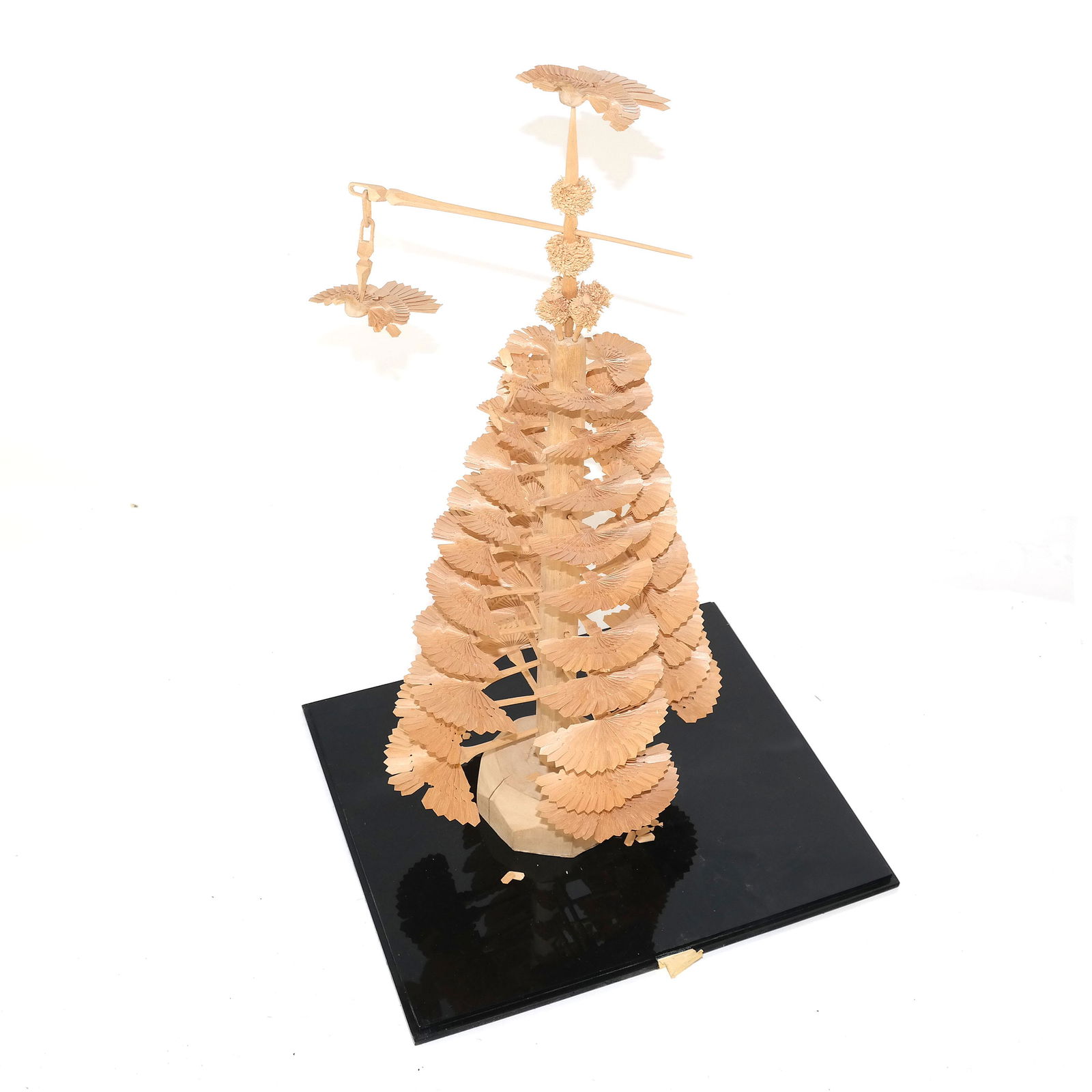 Asian Carved Wood Tree in Lucite Case: Delicately carved tree with mounted birds under lucite case. [23" H x 14" W x 12" D]. In good condition.