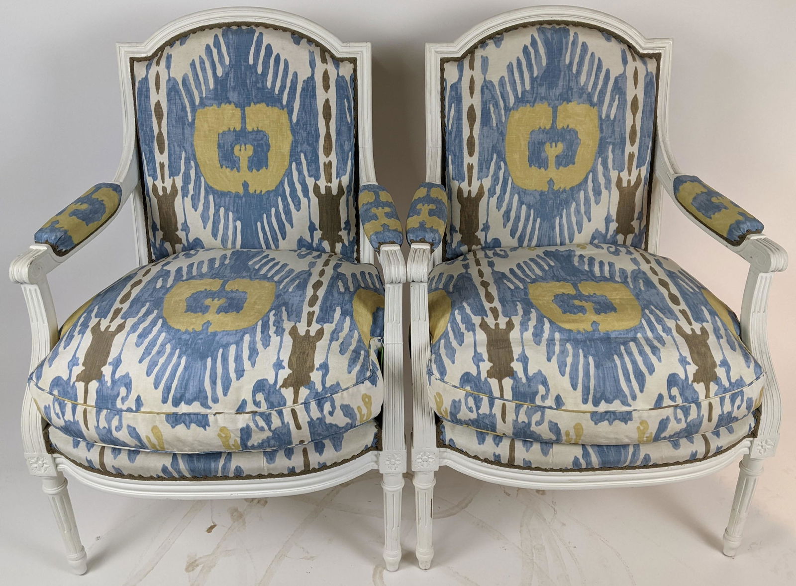 Pair Louis XVI-Style White Open Arm Chairs (1 of 9)