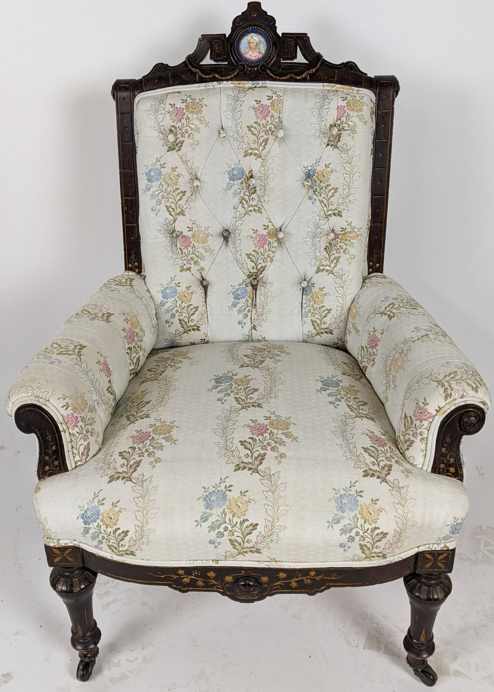 Renaissance Revival Sevres Insert Arm Chair: Renaissance Revival inlaid, tufted upholstered arm chair with Sevres plaque insert. [39" H x 22" W x 25" D]. In good condition.