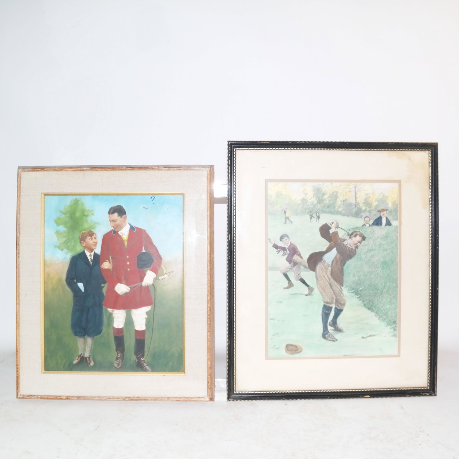 Two Colored Sport Pictures: One picture of English rider and son and one of a golfer in danger. [Larger: 29" H x 24" W]. In good condition.