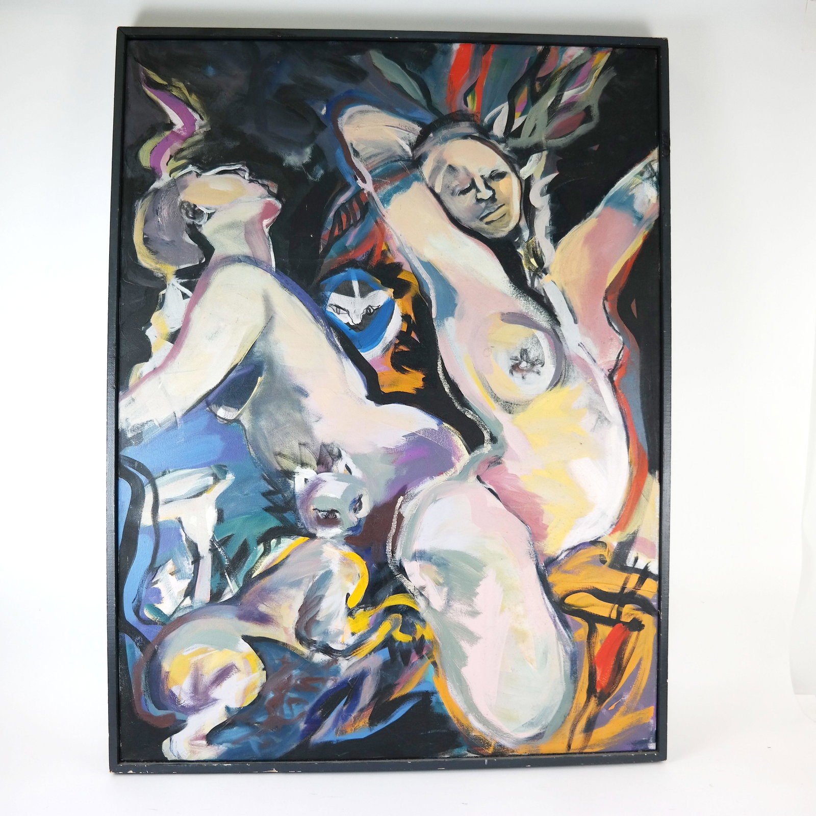 Harriet JAFFE: Nude Study - Oil Painting: Oil on canvas study of two nudes and a cat, signed on back. [Art: 40" H x 30" W; Frame: 41" H x 31" W].