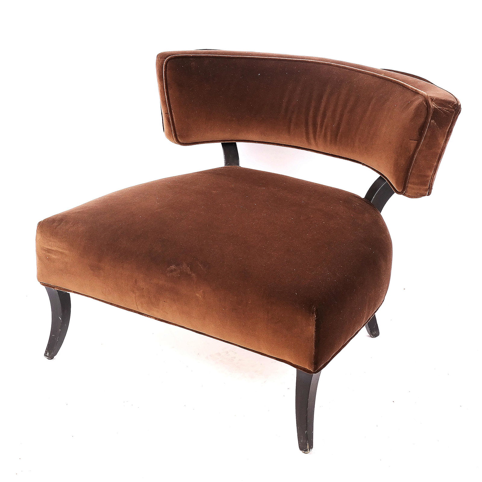 Modern Contemporary Brown Upholstered Chair: James Mont-style oversize chair with brown upholstery. [26 1/2" H x 30 1/2" W x 24 1/2" D; 16" to seat]. Upholstery with wear. Some piping loose on back legs.