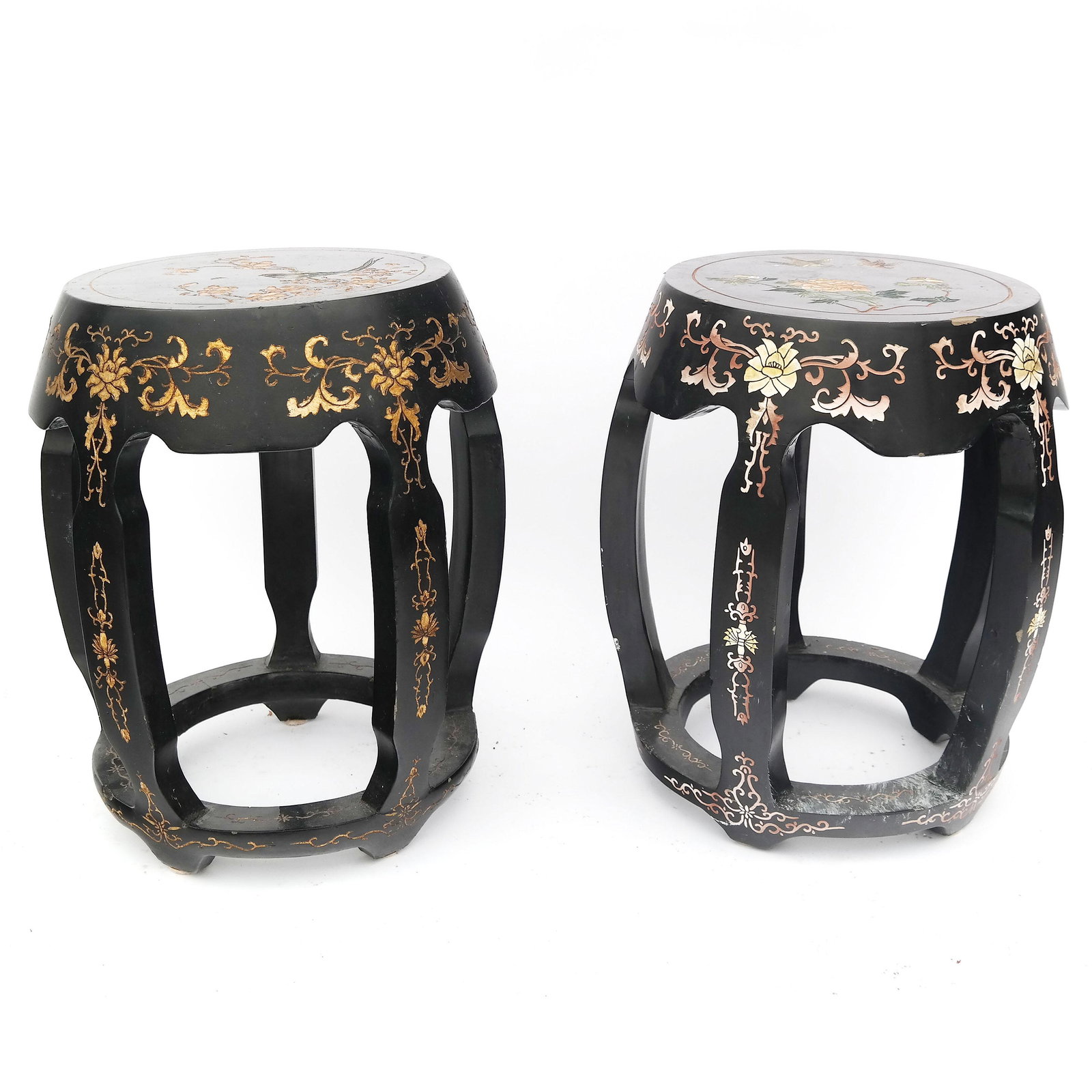 Pair of Coromandel Garden-Style Stools: Round garden stools with open centers. [18" H x 15" Diam.]. Some chips.