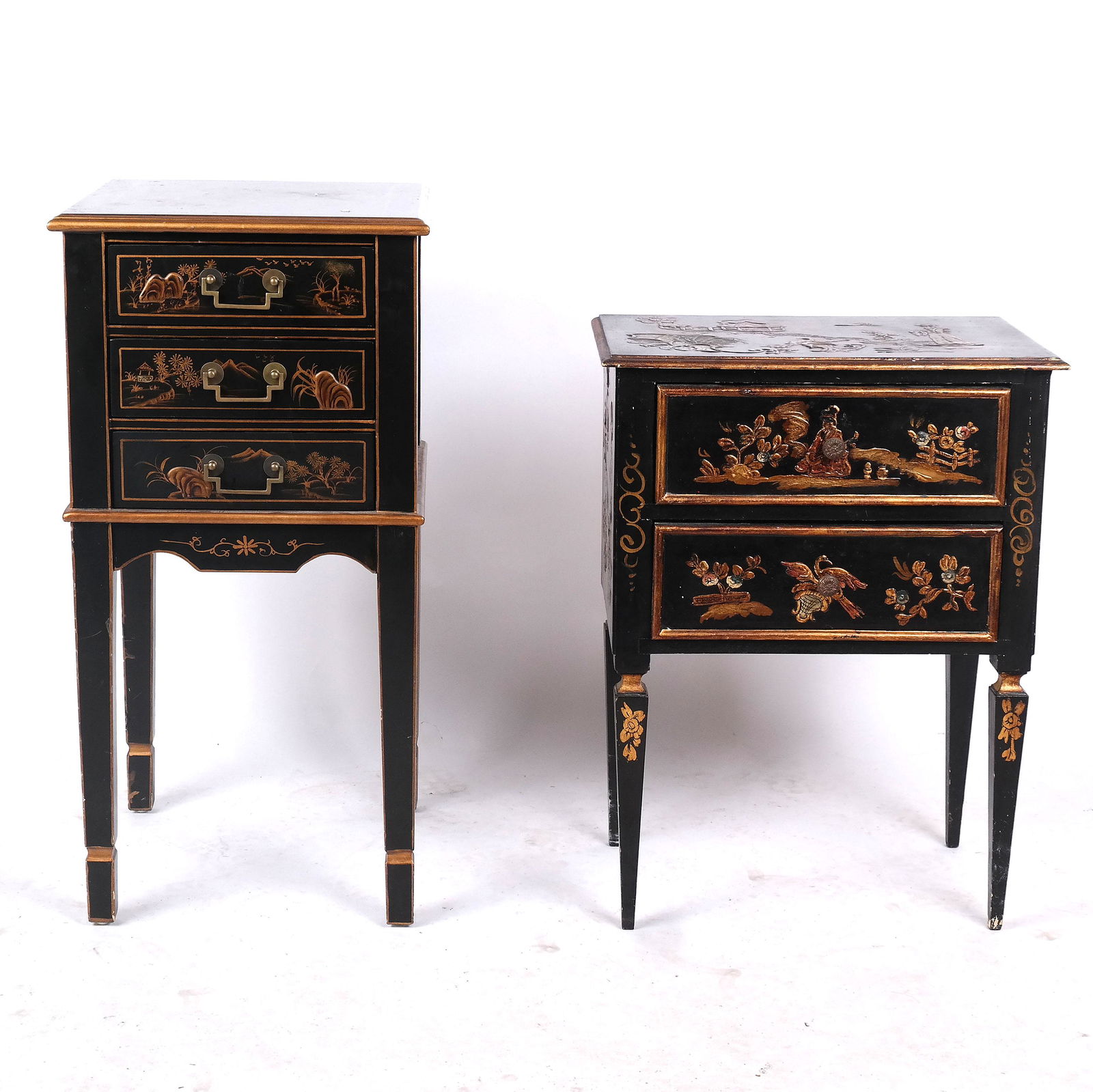Two Chinoiserie End Commodes: Three-drawer commode on high legs, and a two-drawer commode on short legs. [Taller: 32" H x 16" W x 16" D; Shorter: 26" H x 20" W x 12" D]. In good condition.