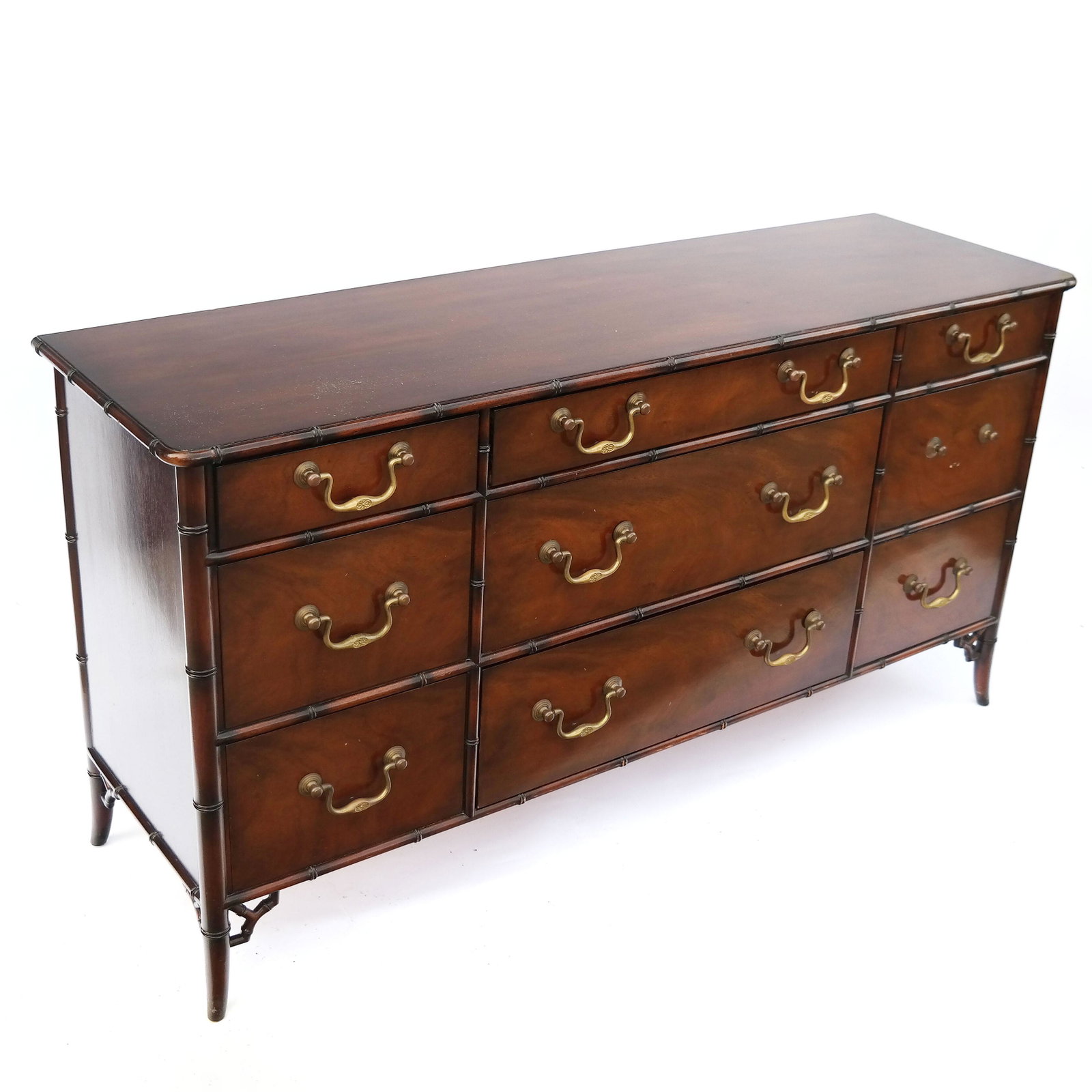Faux Bamboo Mahogany & Oak Sideboard: Asian-style faux bamboo mahogany veneer over oak sideboard with 9 drawers. [33 1/2" H x 63" W x 19 1/4" D]. One bail handle missing; in overall good condition.
