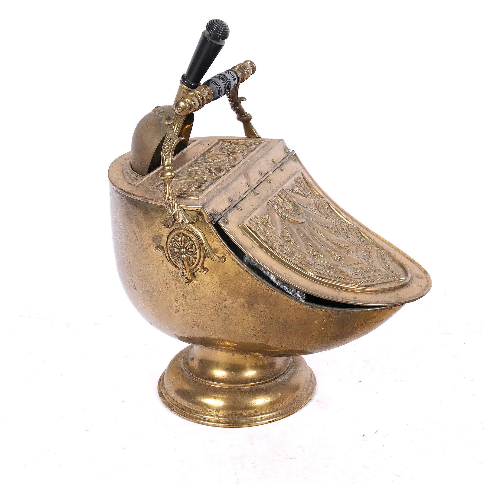 Vintage Brick Coal Hod: Embossed design "U" cover hod with scrolling bronze and ebonized wood handles, with scoop. [19" H x 13" W x 18" D].