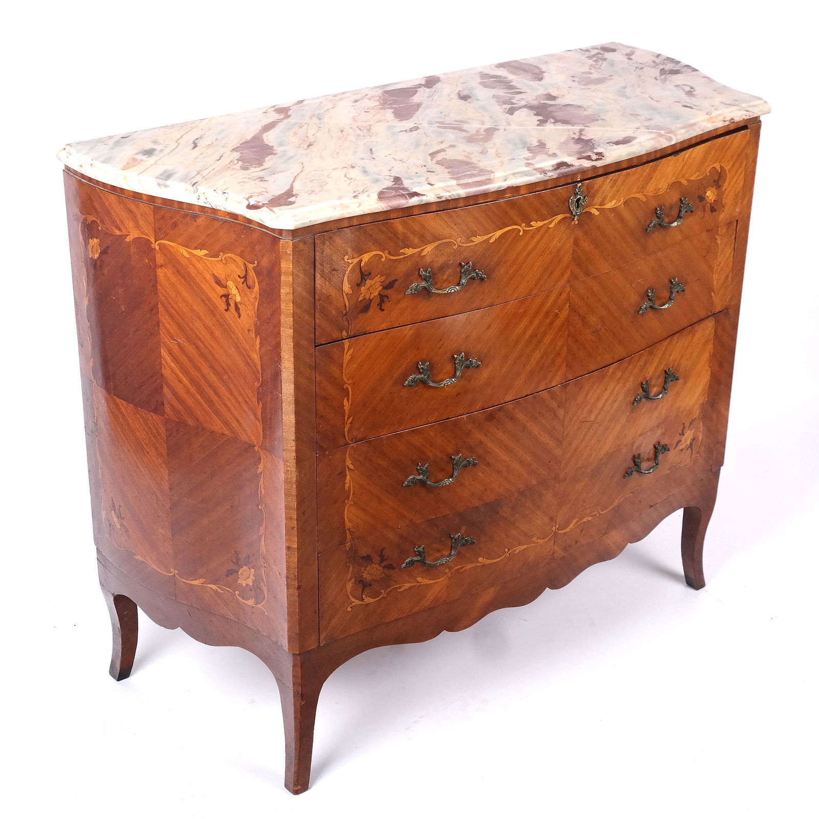 Louis XV-Style Marble Top Commode: Louis XV-style commode, having a beveled marble top over marquetry inlaid drawers and sides. Top drawer converted from drop front. Mid-20th century. [36" H x 46" W x 20" D]. In good condition.