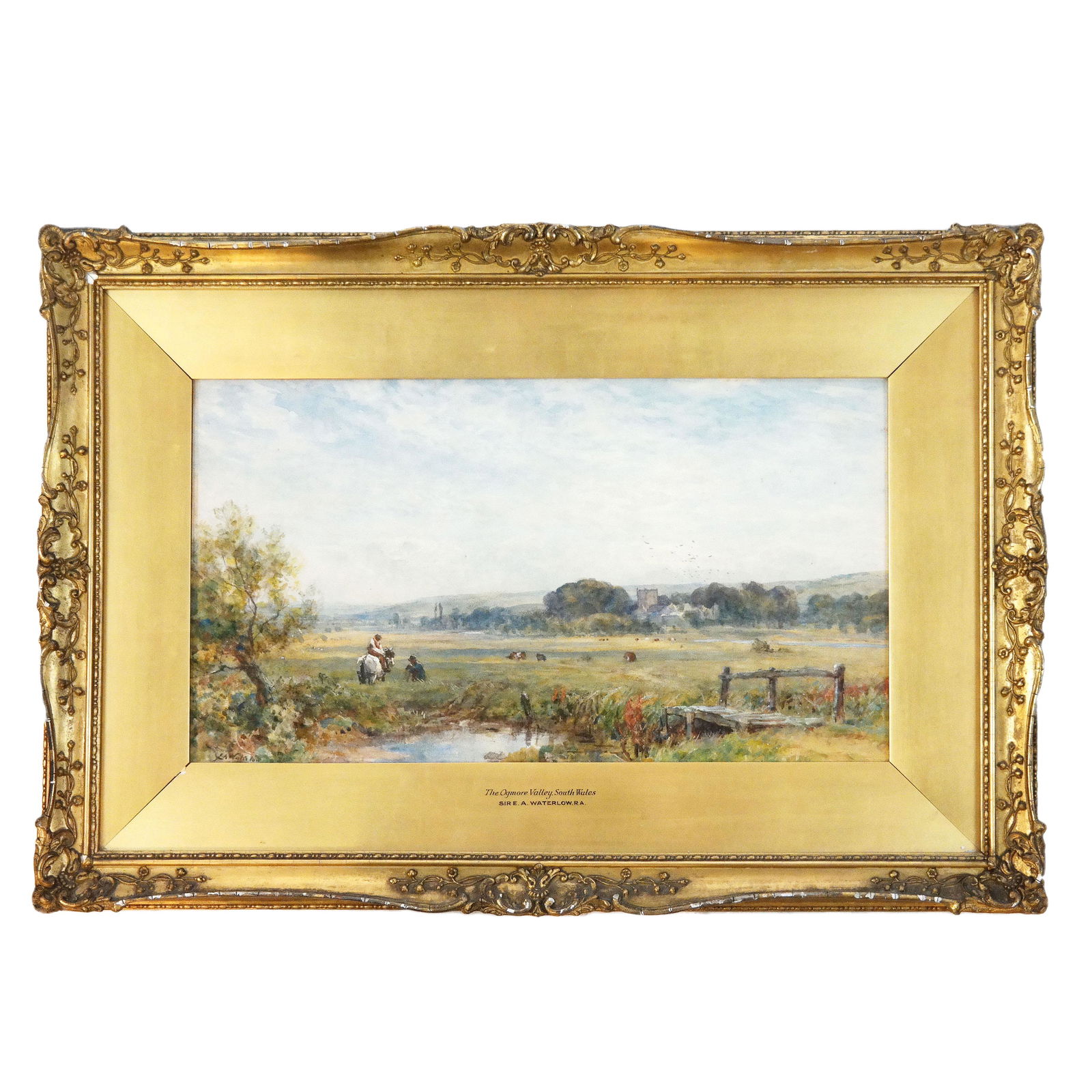 E.A. WATERLOW: Ogmore Valley - W/C Painting: Sir Ernest Albert Waterlow (British, 1850-1919) pastoral landscape watercolor painting titled "The Ogmore Valley, South Wales", signed lower left "E.A. Waterlow". Provenance: Christie's, London, Novem