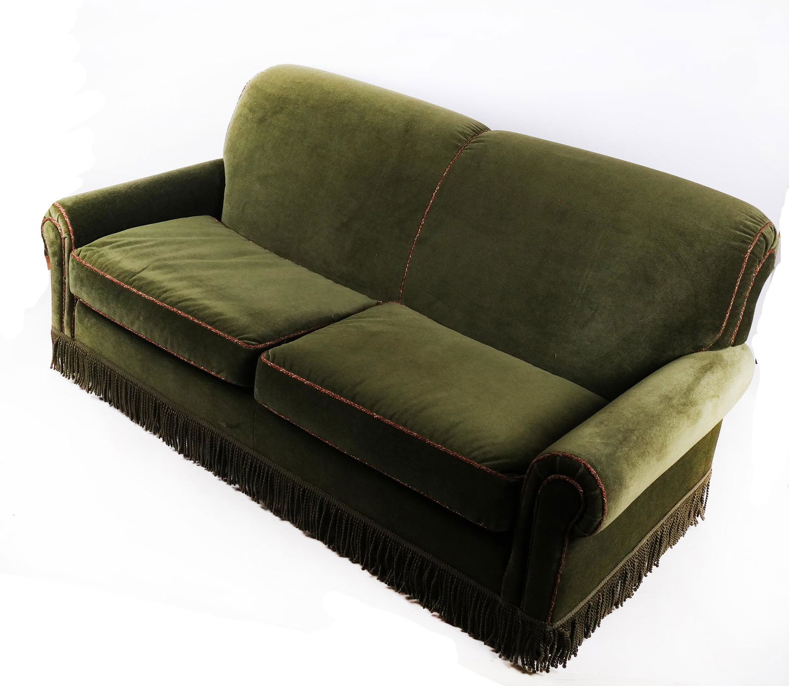Green Mohair-Style Rolled Arm Fringed Sofa (1 of 7)