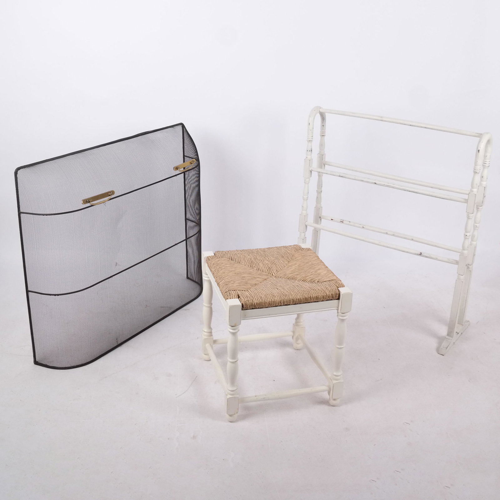 Firescreen, Blanket Rack, and Stool: Lot comprising a dome-shape spark screen, a painted white rack, and a stool. In good condition.