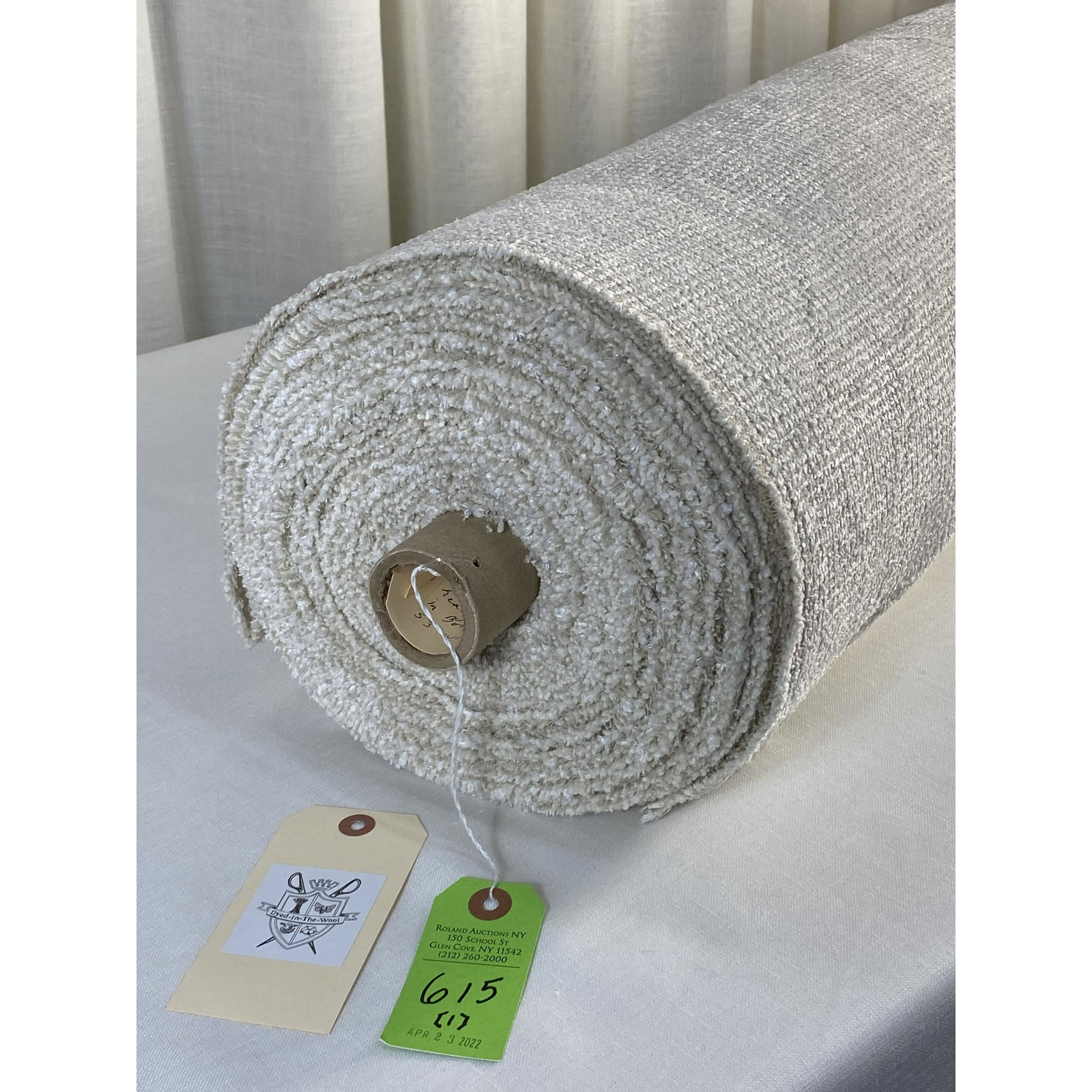 Glant's "Riviera" Chenille Fabric: 20 3/4 -yard bolt of Glant's heavy chenille upholstery texture "Riviera" in "Bone", Item # 9582/01, 53" wide. The off-white and beige mix will suit any Hampton retreat. Retail Value $1,850 - $2,000. I