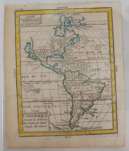 Macquart's Map of America w/ California as Island: "L'Amerique Suivant les dernieres observations de l'Acad. Royale des Sciences" copper engraved map by Denise Macquart, hand-colored in outline (later) of North and South America with California shown