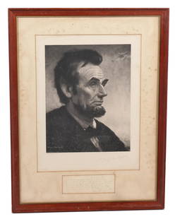 VOLK / JONES: Portrait of Lincoln - Photograph: Douglas Volk painting of Lincoln, photographed by Leslie Ronald Jones (American, 1886-1967), published by Studio Print Assoc. [Image: 13" H x 9 3/4" W; Frame: 24" H x 18 1/4" W]. Foxing under the glas