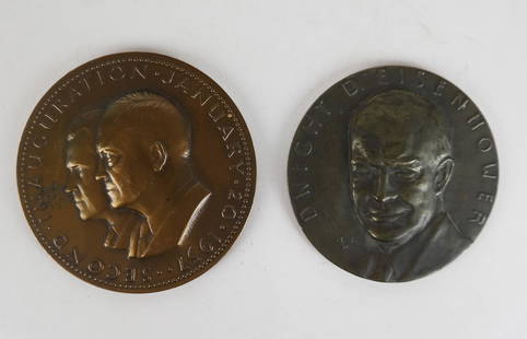 Two Eisenhower Medals: 1) 1957 Inaugural Medal [2 3/4" Diam.] and 2) a bronze relief medal, by Medalic Arts.