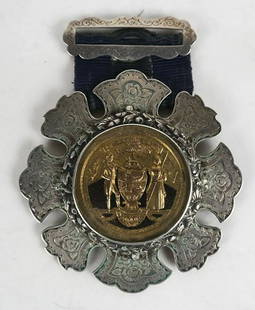 Temperance Presentation Medal Silver & Gilt Silver: Temperance Society Medal presented to Mr. F.A. Jones, Secretary, by the members of the Excelsior Temperance Society, Jan. 16, 1865. "Peace on Earth, Good Will to Man" Fortitude-Fidelity. Provenance: