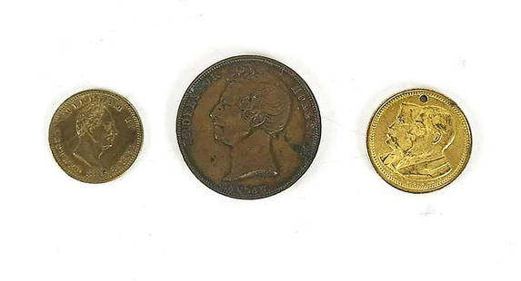 Three Medals: Blaine & Logon, Professor Holloway, Other: Three medals, including a Blaine & Logan token, a medal of Professor Holloway, engraved by J. Moore and a King William IV medal.