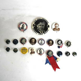 Group of 22 Willkie 1940 Campaign Buttons: Group of celluloids and lithos for 1940 Republican candidate Wendell Willkie. Includes 7 "worker" lithos, 14 portrait celluloids, and one convention celluloid. Provenance: From the ex-Collection of