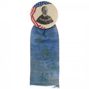 C. Coolidge 1925 Inaugural Celluloid Pinback: 3/4-view, bust-length black & white Inaugural name portrait of Calvin Coolidge, with red, white and blue flag partial border, designed by Trimble. Pin affixed with gilt stamped blue silk ribbon