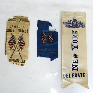 Lot of 3 "Sound Money" Republican 1896 Ribbons: 1: "Sound Money Campaign Club of Manufacturers and Dealers in Supplies for Steam, Water and Gas". 2: "Lawyers Sound Money". 3: "Bankers Republican Club / Sound Money". Conditions: 1: slight soiling. 2