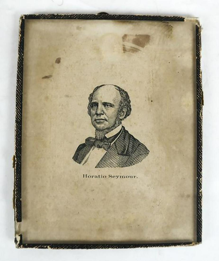 Horatio Seymore 1868 Framed Portrait: Glass-framed Horatio Seymore portrait, "From Henry Klee, dealer in Newspapers, Periodicals, and picture frames", 23 Chatham Street, NYC. [4 x 5 1/4 inches].