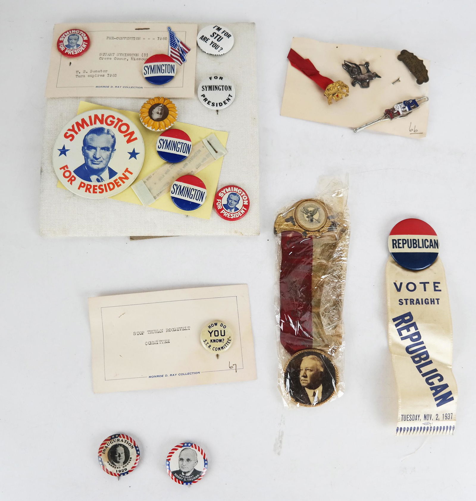 Lot of 1940-50 Political Campaign Pins & Buttons: Assorted 1940s and 1950s political pins and buttons, including Symington, Vote Republican, Hoover, Truman ribbon, GOP, donkey, and others, some from the collection of Monroe D. Ray. Also including a R