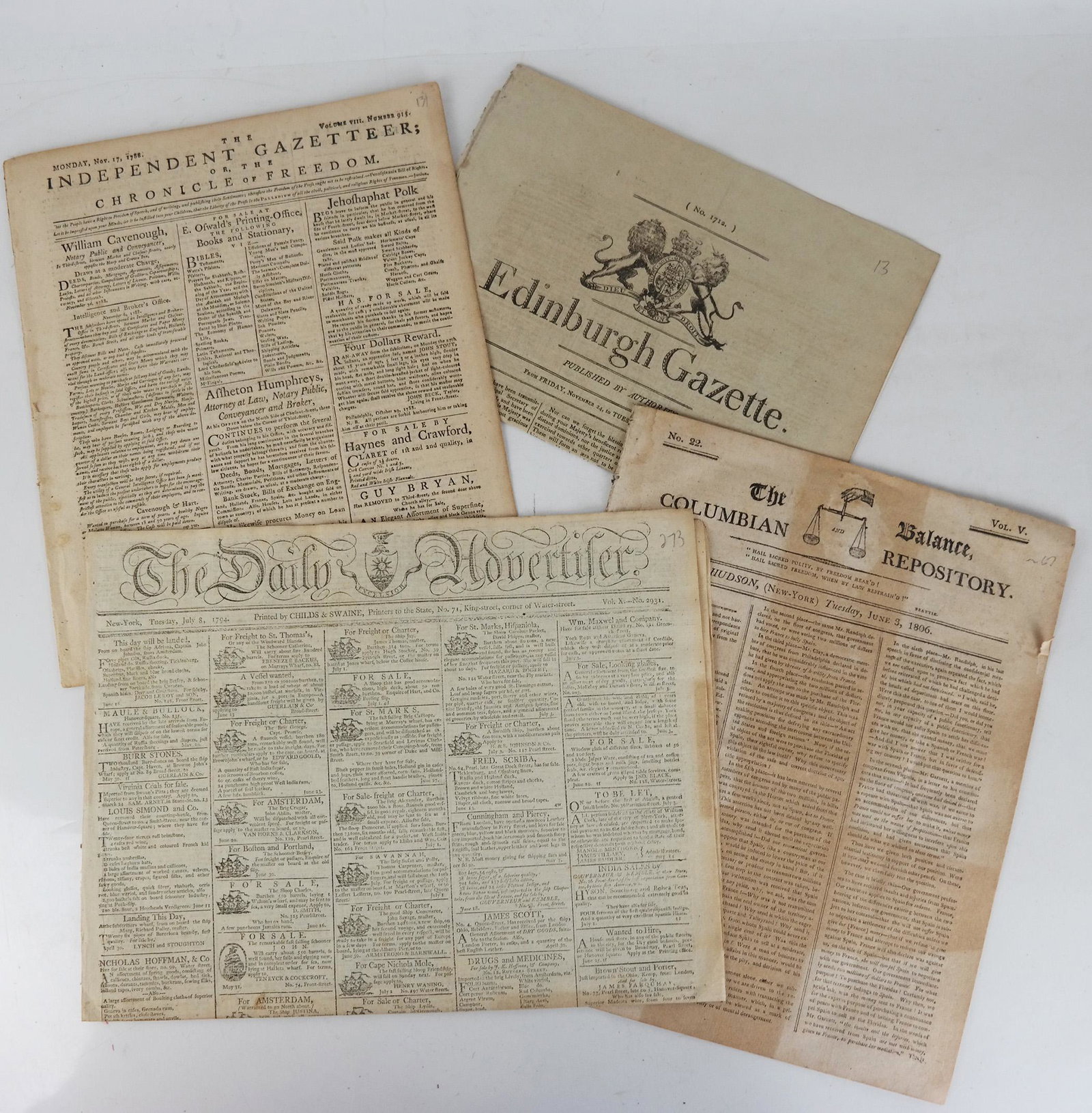 "The Balance" Newssheet from Columbian Repository: Newssheet titled "The Balance", Vol. 5, No. 22, from the Columbian Repository, Hudson, NY, dated June 3, 1806. [12" H x 9 1/2" W]. Paper brittle, toned.