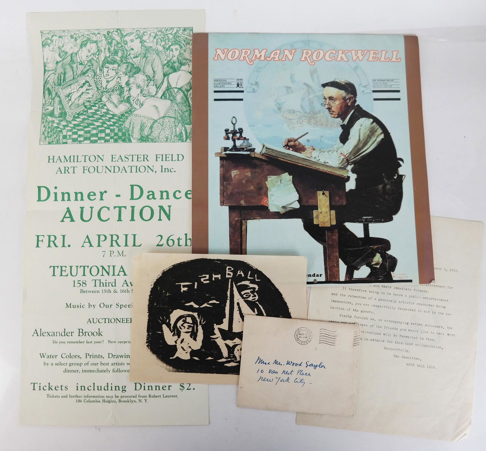 Auction, Arts Ball, Norman Rockwell Ephemera: Lot includes an auction poster, an invitation to a Jules Pascin exhibition, two Arts Ball woodcuts, initialed "Y.K. 24", and a Norman Rockwell 1998 calendar (not written on). In good condition.