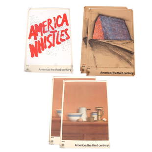 Six Mobil "America: The Third Century" Posters: Six (6) Mobil "America: The Third Century" unframed posters, 1975-76, featuring Ed Ruscha's "America Whistles" (1), William H. Bailey's "Still Life With Eggs" (2) and Christo's "Texas Mastaba" (3). [3