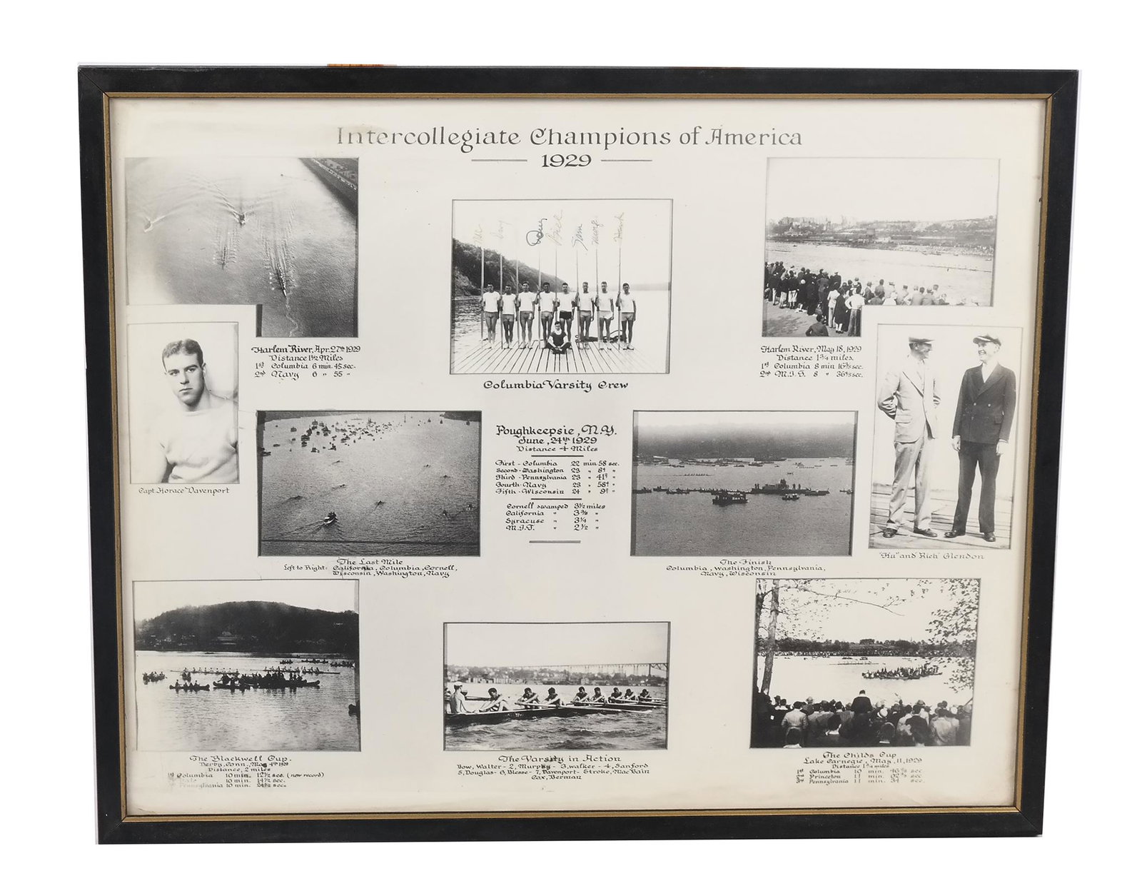 "Intercollegiate Champions of America" Photos: Photos with captions, in one frame, titled collectively "Intercollegiate Champions of America, 1929", regarding the Poughkeepsie, NY, June 24, 1929 4-mile boat race. [Frame: 17" H x 21" W]. Allover fa