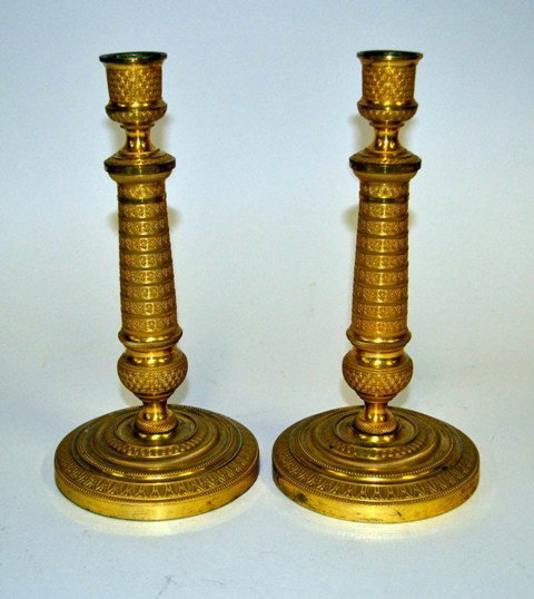 Pair of Bronze Dore Empire Style Candlesticks: Pair of Bronze Dore Empire Style Candlesticks Measurements: 9.75"