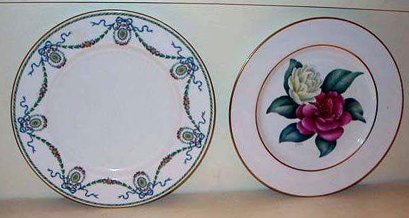 Spode, England Dinner Plates: Two sets of plates, one floral decorated, 10 total, together with another set of 12 garland, floral & ribbon decoration. Retailed by Dans Collamore & Co. and Tiffany & Co, NY. Measurements: 10"-10.25"