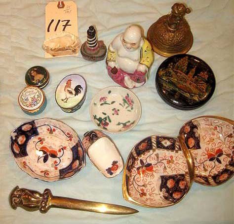Asst Group Inc. Bronze Bell, Russian Box, Etc.: Including a bronze bell, Russian papier mache box, cloisonne enamel rooster box, pill tin, letter opener, porcelain Buddha, etc. 13 pieces. Measurements: