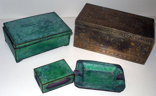 Metal Objects, Group of Boxes One Shagreen Style: Together with an ashtray and match box, one with leaf and floral design. Measurements: 2"-6"