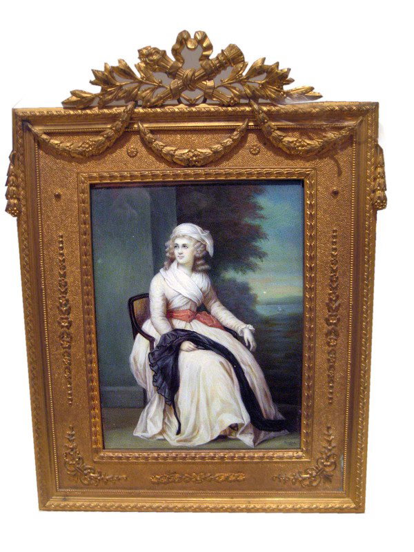 Ivory Mini Painting Signed "Stoyford": Depicting a seated lady in an arm chair set in a finely incised bronze dore frame. Measurements: 4" x 5", 8.5" x 6"
