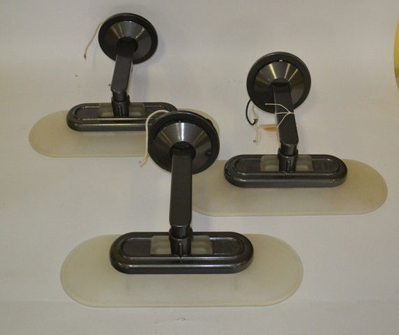 Suite of 3 Arteluce "Jill" Sconces: Each having frosted globes with polished aluminum brackets. Measurements: 15" L