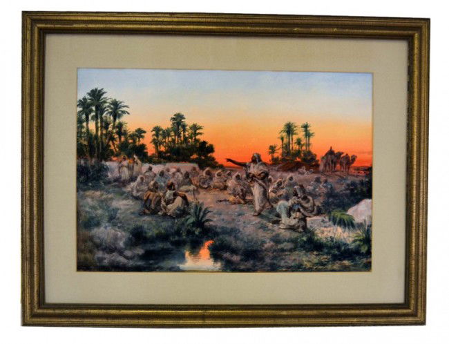 Paul Pascal, Framed Gouache: Depicting a sunrise sermon at oasis. Signed lower left. Measurements: 24" x 17"
