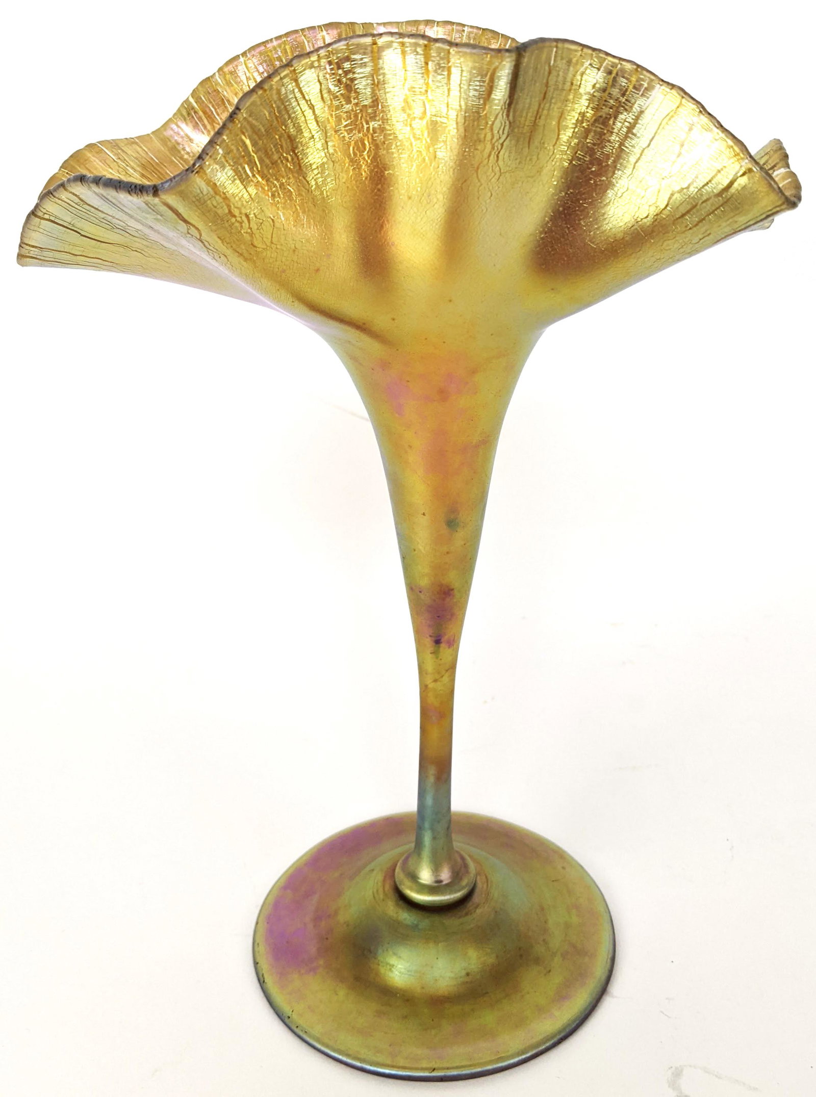 Aurene Iridescent Glass Vase: Aurene iridescent ruffle glass vase. From the Estate of June Hirsch Jones. [9 1/4" H x 6 1/2" Diam; Base: 4" Diam.]. In good condition.