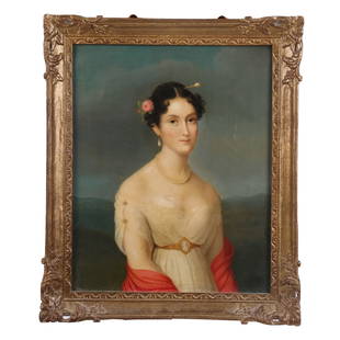 19th C. Portrait of Elizabeth Patterson - Painting: Early 19th century French oil on canvas portrait of Mme Bonaparte, nee Elizabeth Patterson, titled on verso. Not signed. Elizabeth "Betsy" Patterson Bonaparte (February 6, 1785 – April 4, 1879)