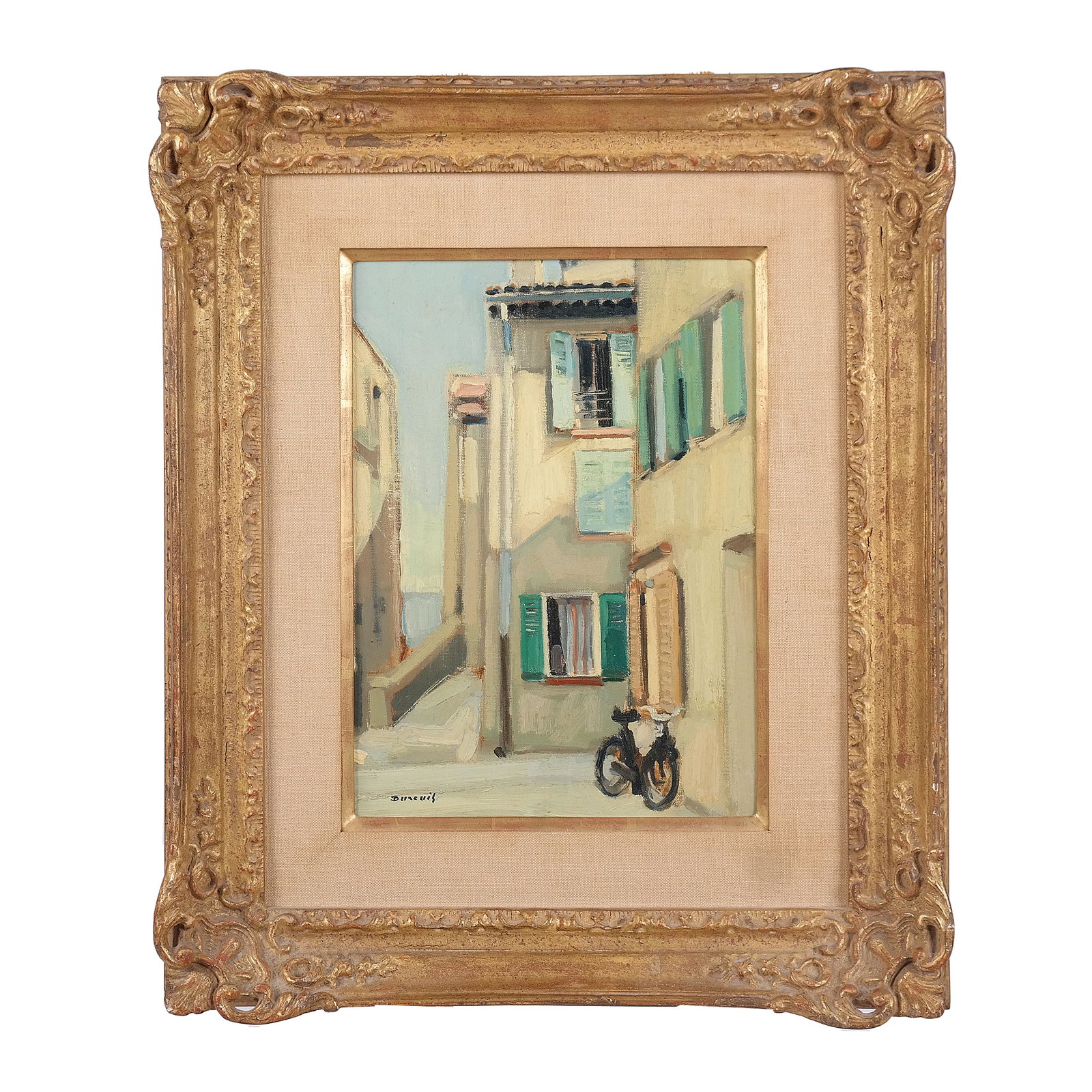 Michel DUREUIL: "Rue d'Antibes" - Oil Painting: Oil on canvas painting of a Parisian city scene titled "Rue d'Antibes", signed lower right, by French Postwar and Contemporary painter Michel Dureuil (b. 1929). Comes with receipt from Wally F. Galler