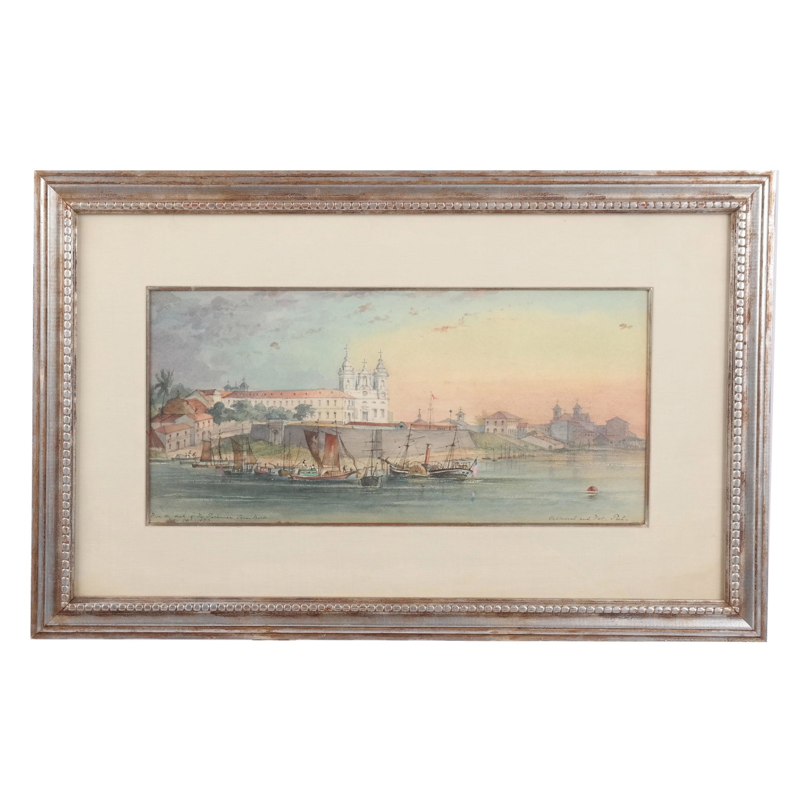 19th C. View of Port Pera - Watercolor Painting: Framed watercolor titled "View from the Deck of the Paraeus [sic] Steamer Boat, July 1873", depicting the Cathedral and Port Pera. Not signed. From the Estate of June Hirsch Jones. [Sight: 7" H x 15" 