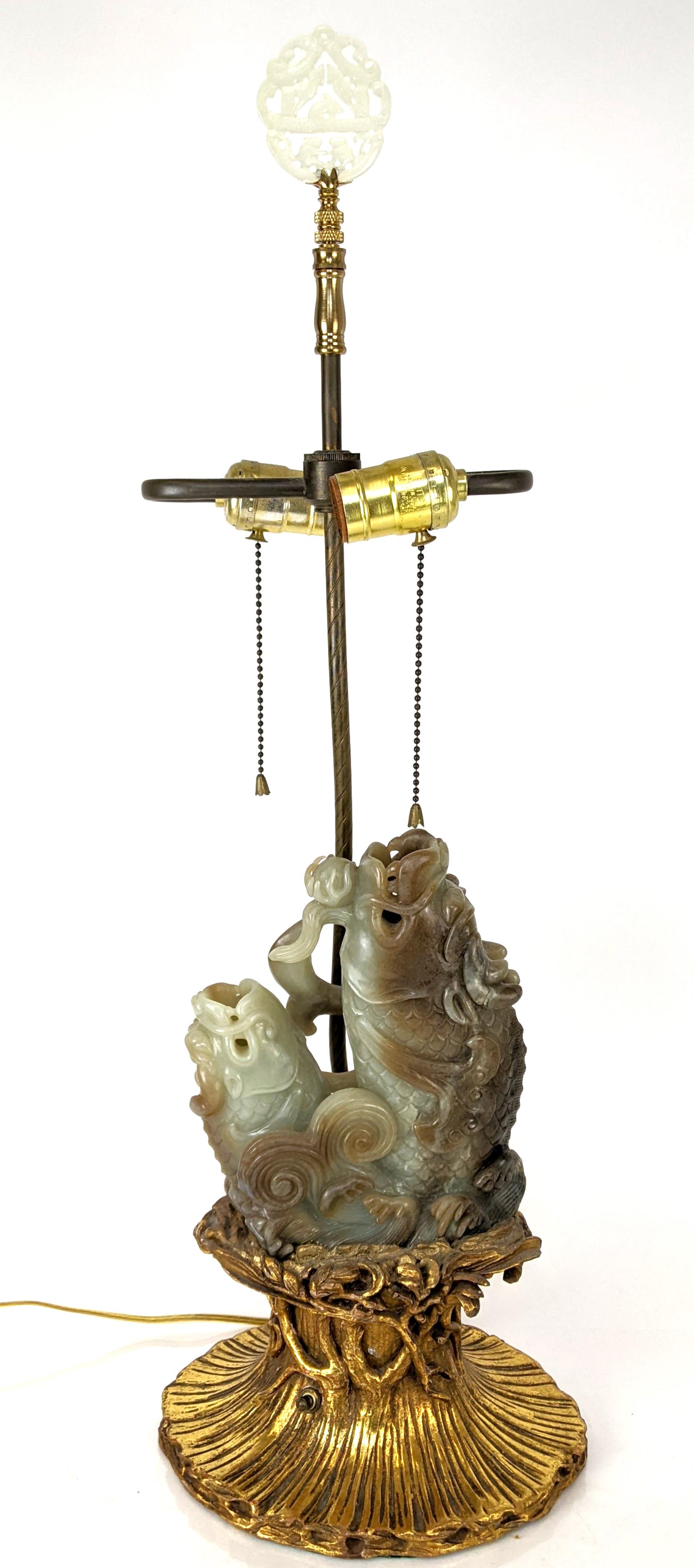 Carved Jade Koi Fish Group Lamp on Gilt Base (1 of 14)