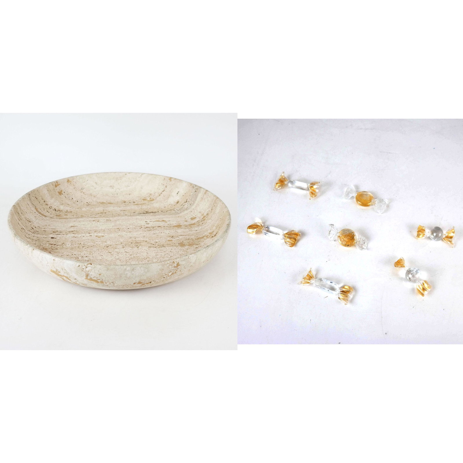 Shallow Composition Marble Bowl & Glass Candies: Composition marble with gold dust shallow bowl, together with seven Murano glass "candies". From the Estate of June Hirsch Jones. [3" H x 16" Diam.]. In good condition.