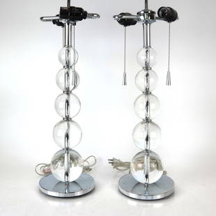 Pair of Art Deco Syrie Maugham Lamps: Pair of Art Deco chrome and glass ball lamps by Syrie Maugham, wife of Somerset Maugham, for Upper Grosvenor Street House. Comes with bill of sale. From the Estate of June Hirsch Jones. [27 1/2" H x