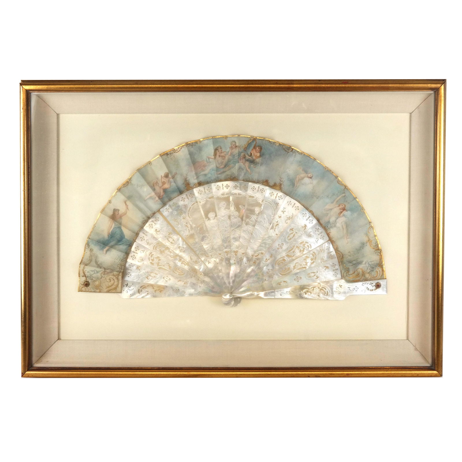Framed Mother-of-Pearl and Painted Hand Fan (1 of 4)